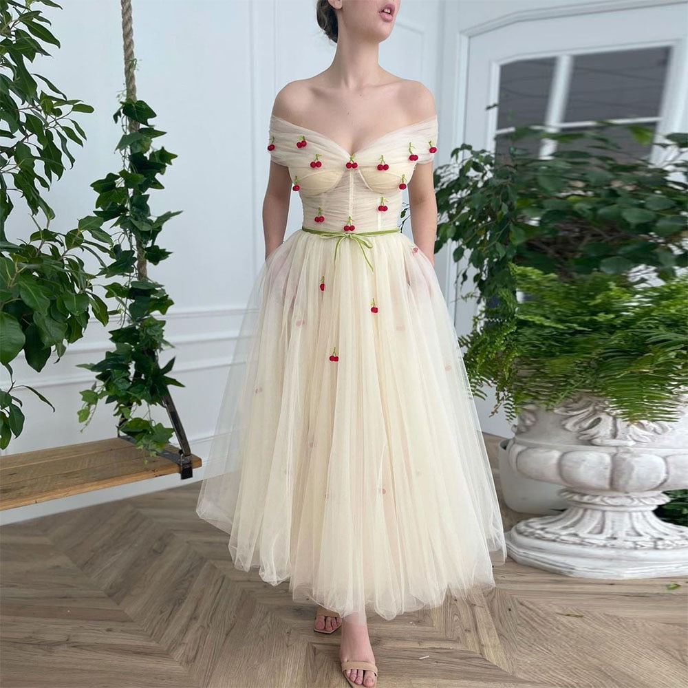 Cinessd  Gorgeous Beige Prom Dresses Off The Shoulder A-Line Tea-Length Beading Appliques Evening Gown Formal Dress With Pockets