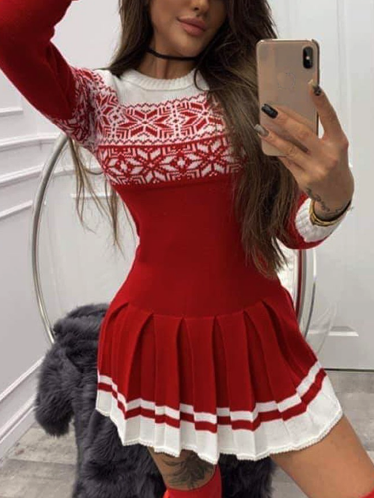 Cinessd Back to school outfit Red Knitted Christmas Pleated Short Dress Party Bodycon Basic Elegant Dress Winter Autumn Chic Slim Dress 2022New