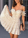Cinessd Back to school outfit Sexy Chiffon Ruffles Off Shoulder Sexy Mini Dress Floral Printed A-Line Summer Wrap Elegant 2022 White Vestidos New