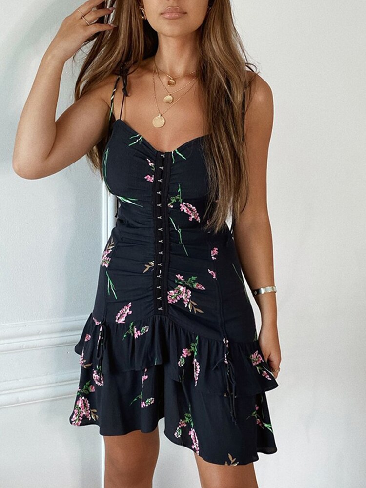 Cinessd Back to school outfit Floral Printed Fashion Sleeveless Sundress Holiday Beach V-Neck Mini Dress Ruffles Summer A-Line Backless Dress New