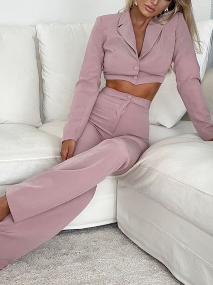 Cinessd Back to school outfit Pink Purple 2 Piece Suit Sets Women Sexy Short Blazer And  Flared Pants Office Lady Set Autumn Female Sets Sexy Outfits
