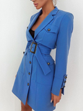 Cinessd Back to school outfit Blue Fashion Spring Summer Mini Blazer Dress Office Ladies Button Decoration Slim Straight Sexy Dress With Belt 2022New