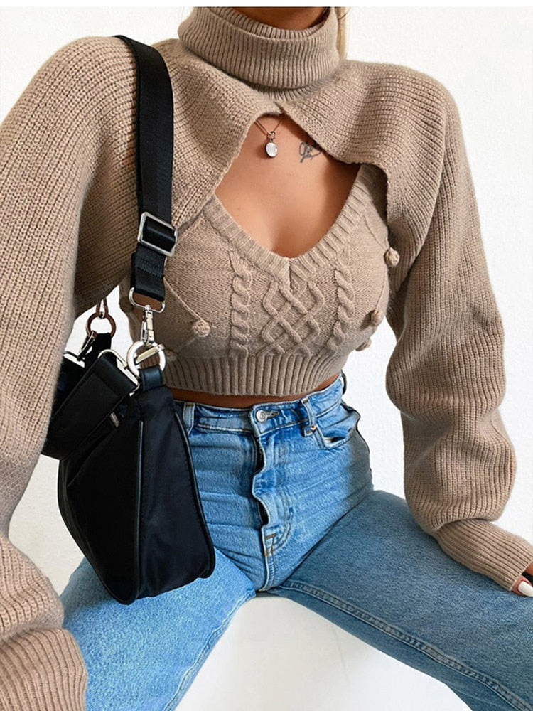 Cinessd Back to school outfit Hairball 2 Piece Set Women Autumn Winter Turtleneck Crop Sweaters Vest Knit Top Sexy Backless Knitted Chic New Jumper