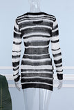 Cinessd Black  Casual Striped Hollowed Out See-through O Neck Long Sleeve Dresses