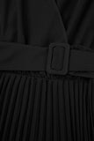 Cinessd Black Casual Solid Frenulum Pleated V Neck Long Sleeve Dresses