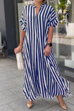 Cinessd Blue Casual Striped Print Patchwork V Neck Long Dress Dresses