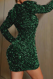 Cinessd Ink Green  Casual Patchwork Sequins V Neck Long Sleeve Dresses