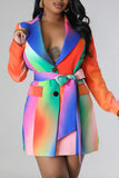 Cinessd Colour Casual Print Patchwork Buttons With Belt Turn-back Collar Suit Dress Dresses