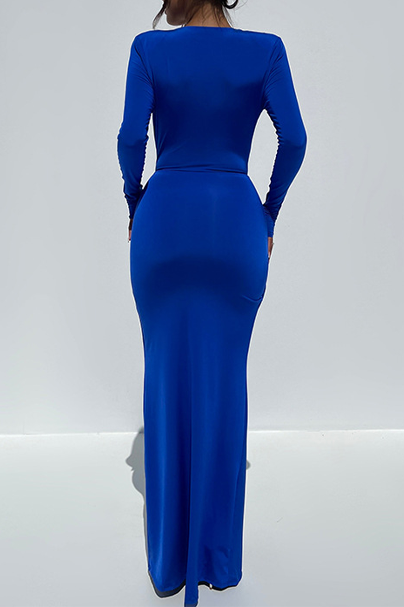 Cinessd Blue  Solid Patchwork Slit Fold V Neck Irregular Dress Dresses