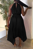 Cinessd Black Casual Solid Hollowed Out Asymmetrical O Neck Pleated Dresses