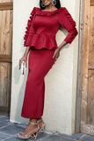 Cinessd Red Casual Solid Patchwork O Neck Long Sleeve Dresses