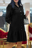 Cinessd Black Casual Solid Patchwork V Neck Long Sleeve Dresses