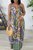 Cinessd Earth Yellow  Casual Print Backless Spaghetti Strap Long Dress Dresses