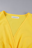 Cinessd Yellow Casual Solid Frenulum Pleated V Neck Long Sleeve Dresses