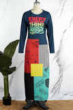 Cinessd Grey Casual Print Patchwork O Neck Long Sleeve Dresses
