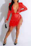 Cinessd Rose Red  Patchwork Hot Drilling See-through Beading V Neck Long Sleeve Dresses