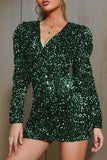 Cinessd Black  Casual Patchwork Sequins V Neck Long Sleeve Dresses