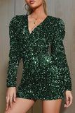 Cinessd Ink Green  Casual Patchwork Sequins V Neck Long Sleeve Dresses