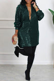 Cinessd Ink Green Casual Patchwork Sequins Shirt Collar Shirt Dress Dresses