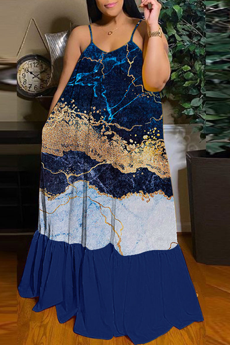 Cinessd Tibetan Blue  Casual Print Backless Spaghetti Strap Long Dress Dresses