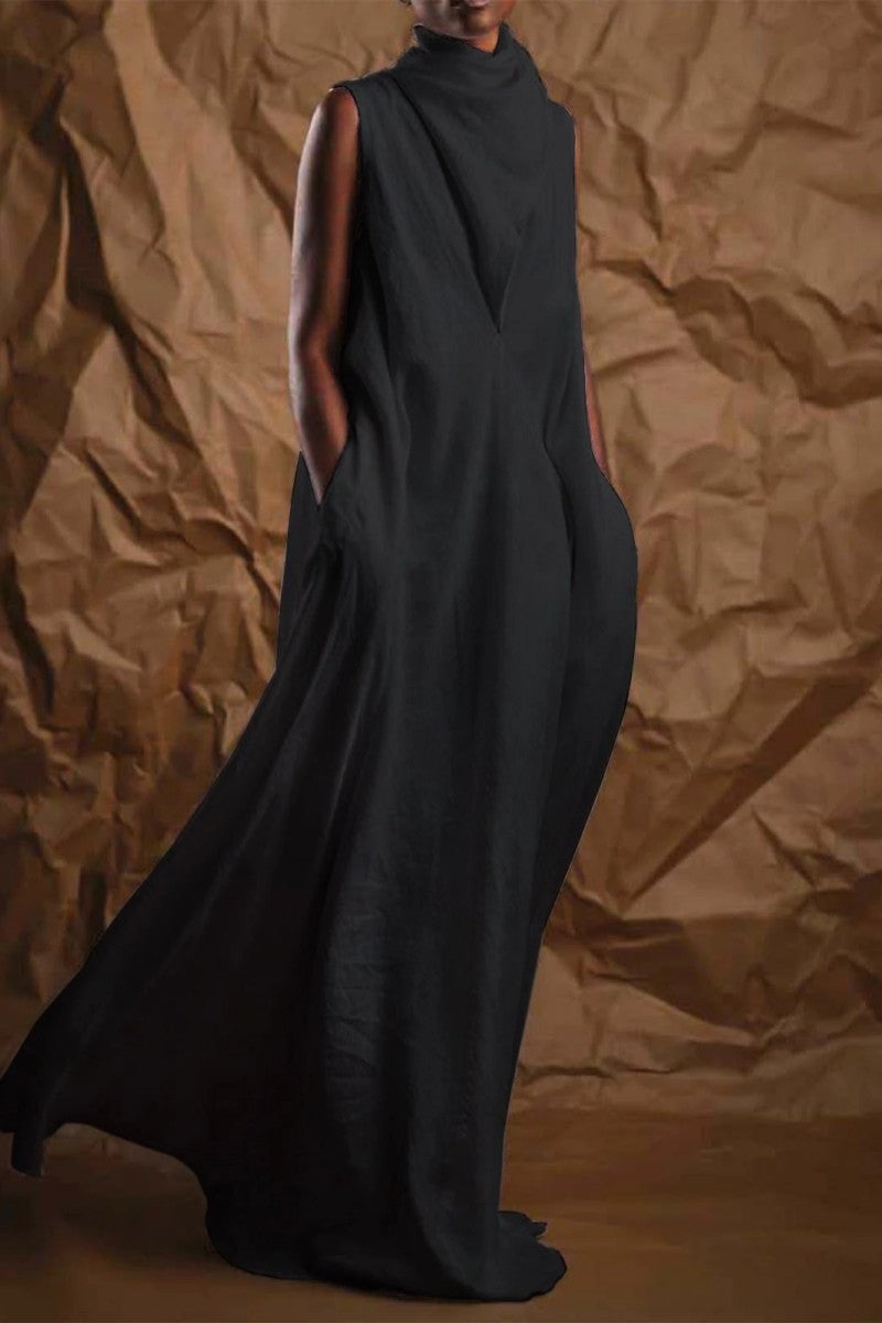 Cinessd Black Casual Solid Basic Turtleneck Long Dress Dresses