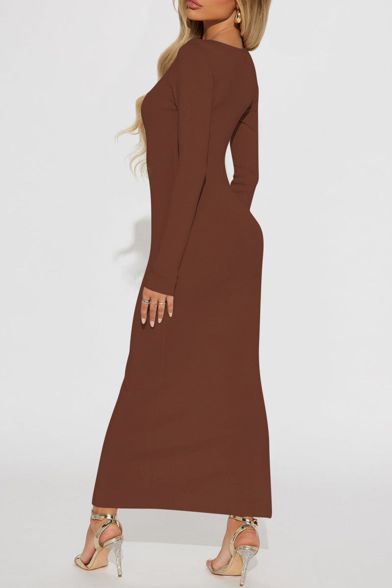 Cinessd Coffee Casual Solid Hollowed Out Slit O Neck Long Dress Dresses