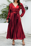 Cinessd Red Elegant Bronzing Frenulum Fold Reflective V Neck Pleated Dresses(With Belt)