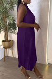 Cinessd Purple Casual Solid Hollowed Out Asymmetrical O Neck Pleated Dresses