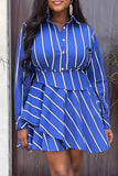 Cinessd Blue Casual Striped Print Patchwork Turndown Collar Dresses