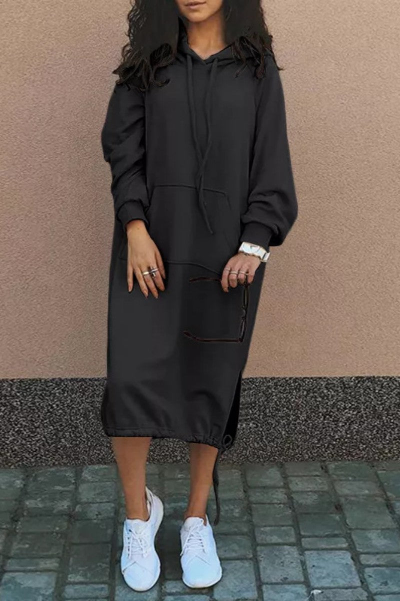 Cinessd Black Casual Solid Patchwork Hooded Collar Long Sleeve Dresses
