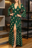 Cinessd Green Elegant Print Patchwork High Opening V Neck Printed Dress Dresses