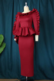 Cinessd Red Casual Solid Patchwork O Neck Long Sleeve Dresses