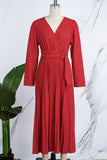 Cinessd Red Casual Solid Frenulum Pleated V Neck Long Sleeve Dresses