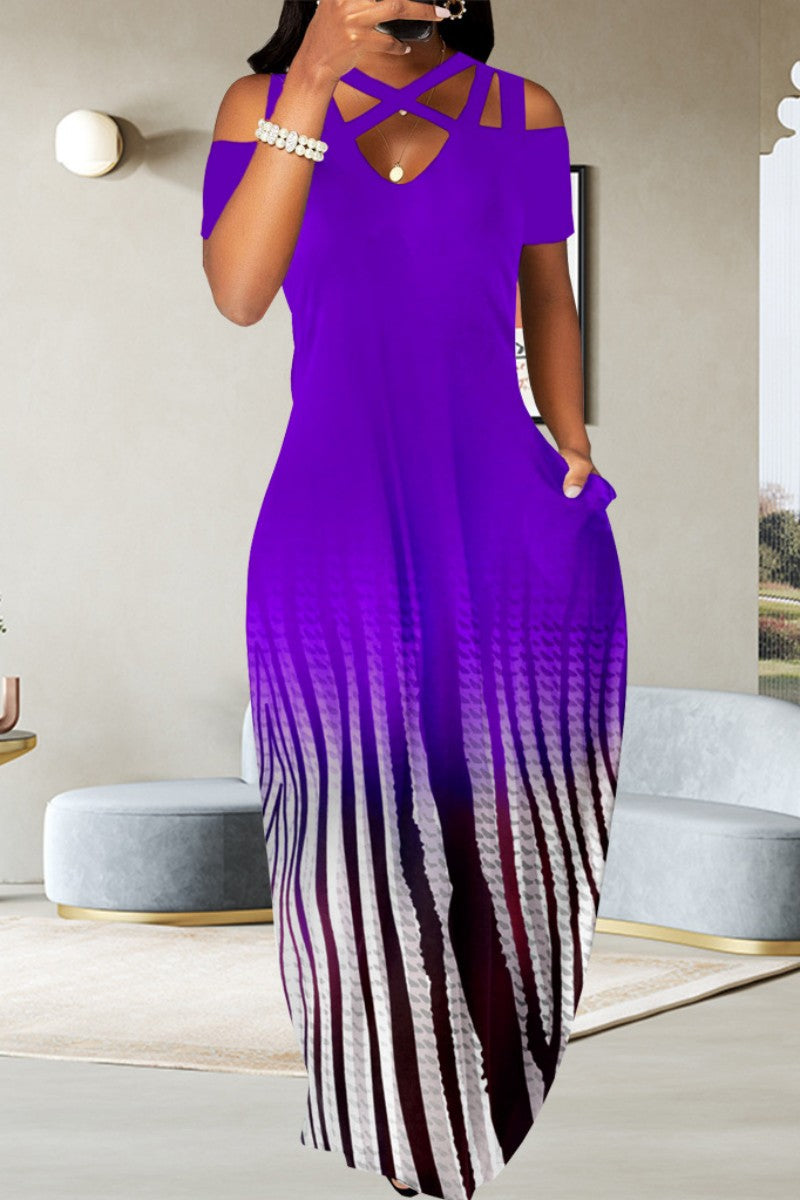 Cinessd Purple Casual Print Hollowed Out V Neck Long Dress Dresses