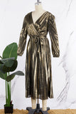 Cinessd Gold Elegant Bronzing Frenulum Fold Reflective V Neck Pleated Dresses(With Belt)