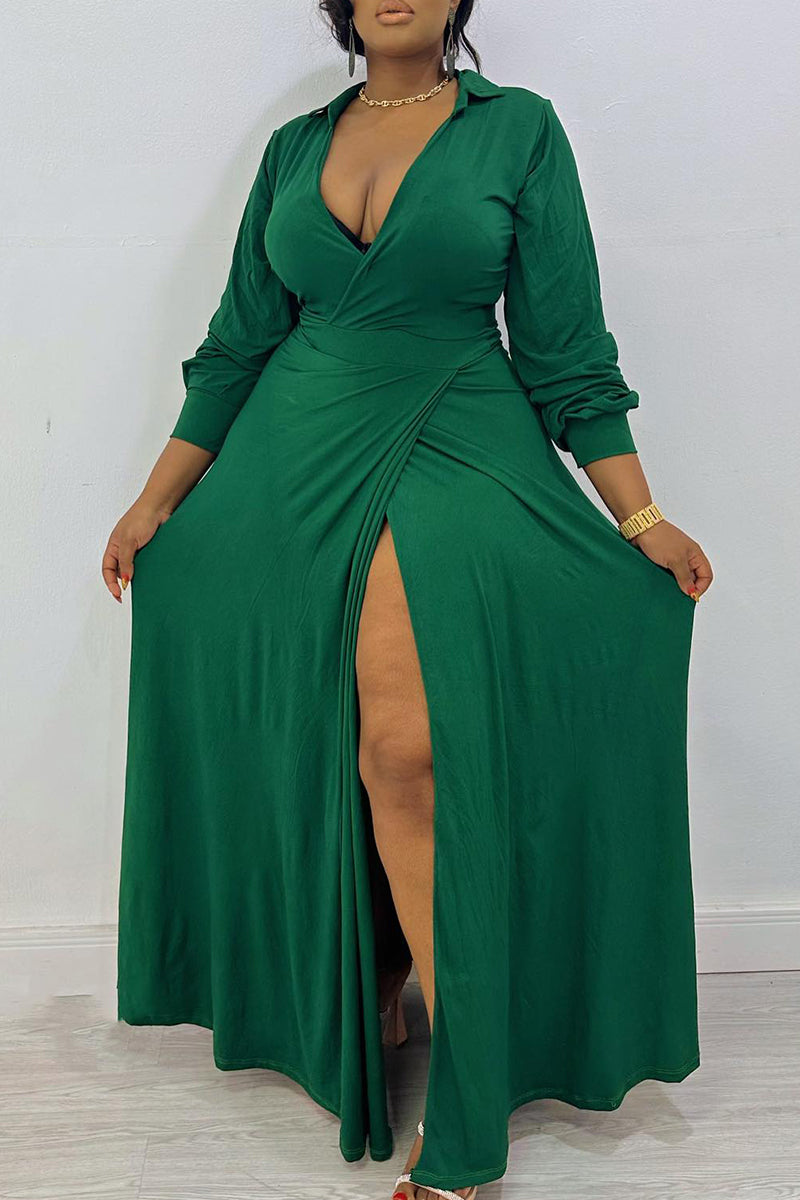 Cinessd Green Casual Daily Elegant Simplicity Slit Solid Color V Neck Maxi Dresses