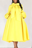 Cinessd Yellow Casual Solid With Bow Half A Turtleneck Long Sleeve Dresses