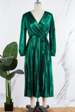 Cinessd Green Elegant Bronzing Frenulum Fold Reflective V Neck Pleated Dresses(With Belt)