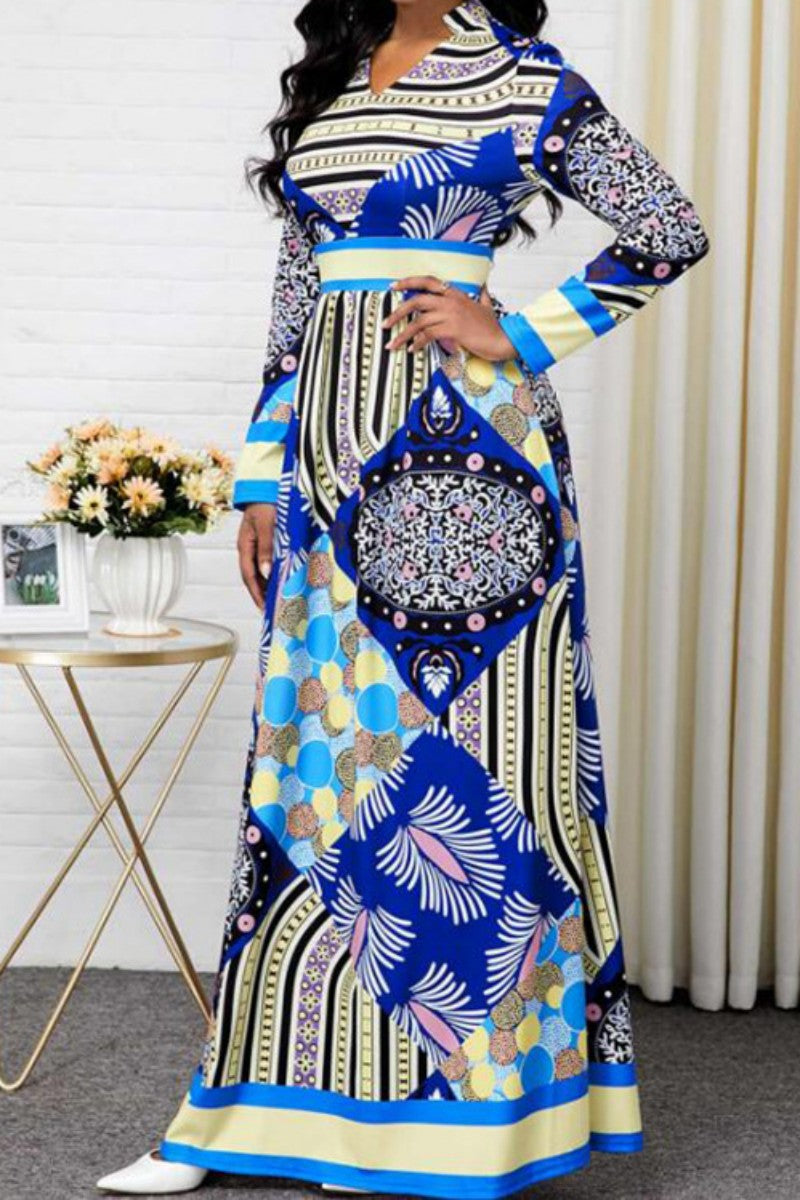 Cinessd Blue Casual Print Basic V Neck Long Sleeve Dresses (Subject To The Actual Object)