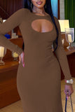 Cinessd Pink Casual Hollowed Out O Neck Long Sleeve Dresses