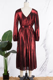 Cinessd Red Elegant Bronzing Frenulum Fold Reflective V Neck Pleated Dresses(With Belt)