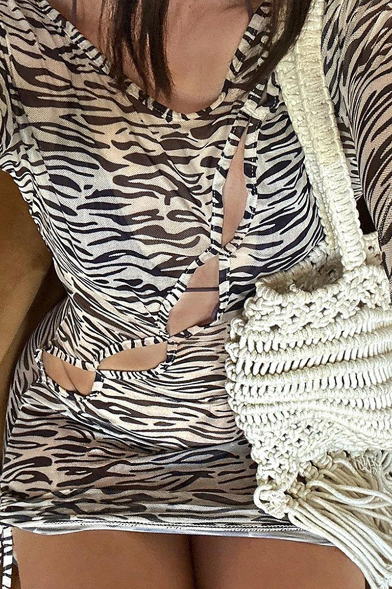 Cinessd Zebra  Celebrities Zebra Print Hollowed Out Patchwork Draw String Printing O Neck Mesh Dress Dresses